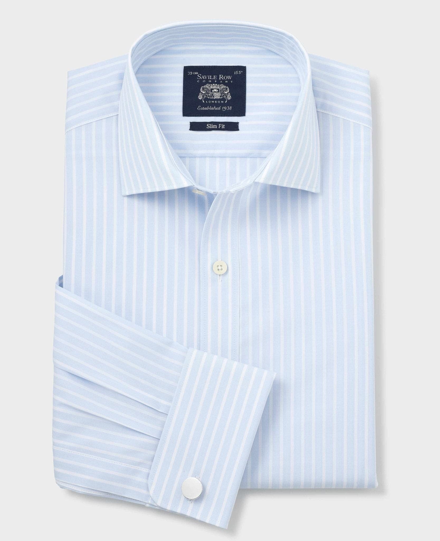 Sky blue and white striped cotton poplin formal shirt featuring a double cuff, slim fit design, and size 16.5 with an extra long 37" sleeve by Savile Row Company.