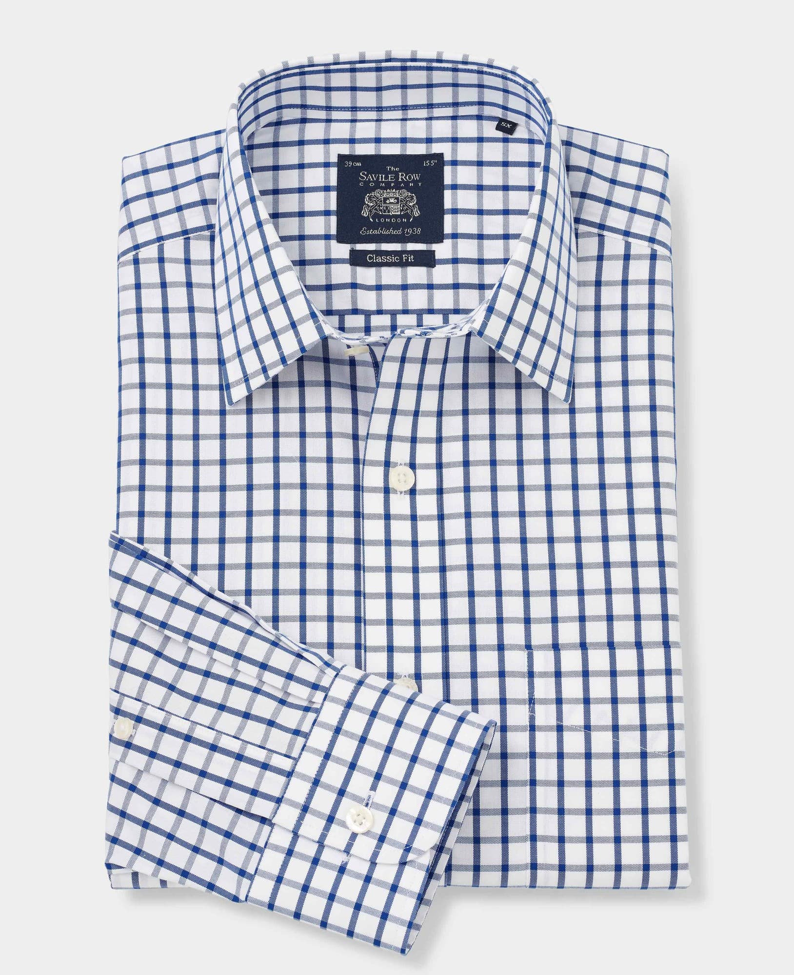 Men's classic fit formal shirt featuring a white and blue check pattern, single cuff design, made from non-iron material, size 16" X 34.5" by Savile Row Company.
