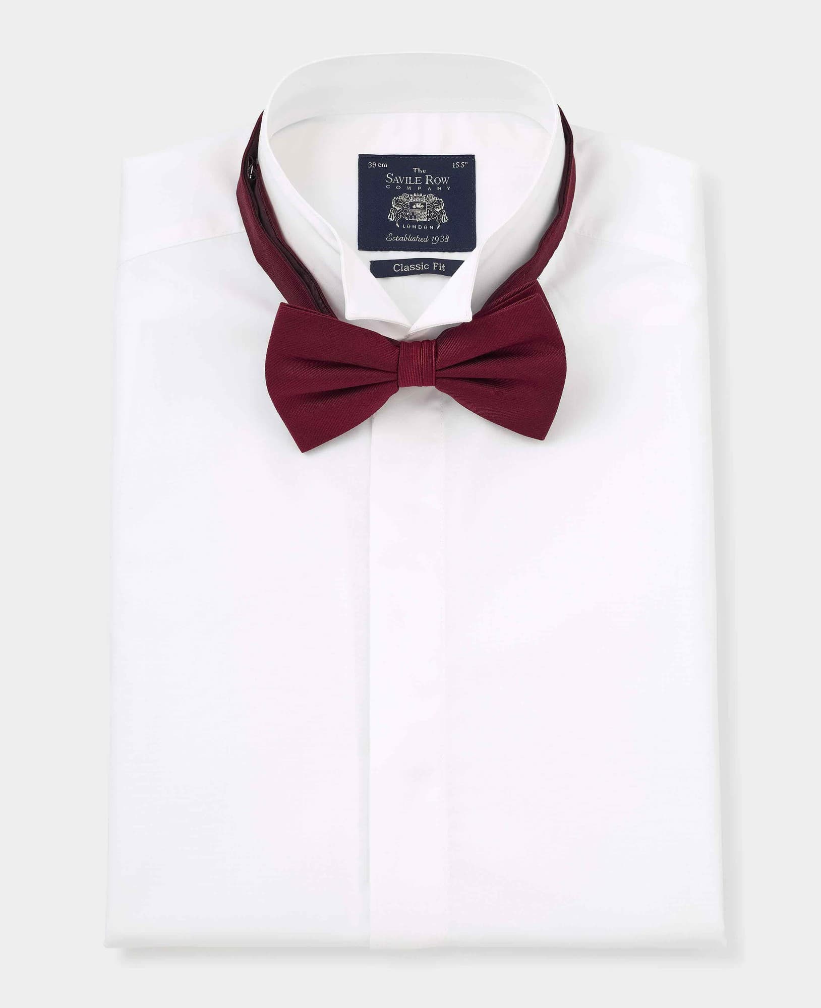 Men's white classic fit formal shirt with a wing collar, double cuff, and a maroon bow tie, featuring a Savile Row Company label, size 15 with an extra long 36" length.