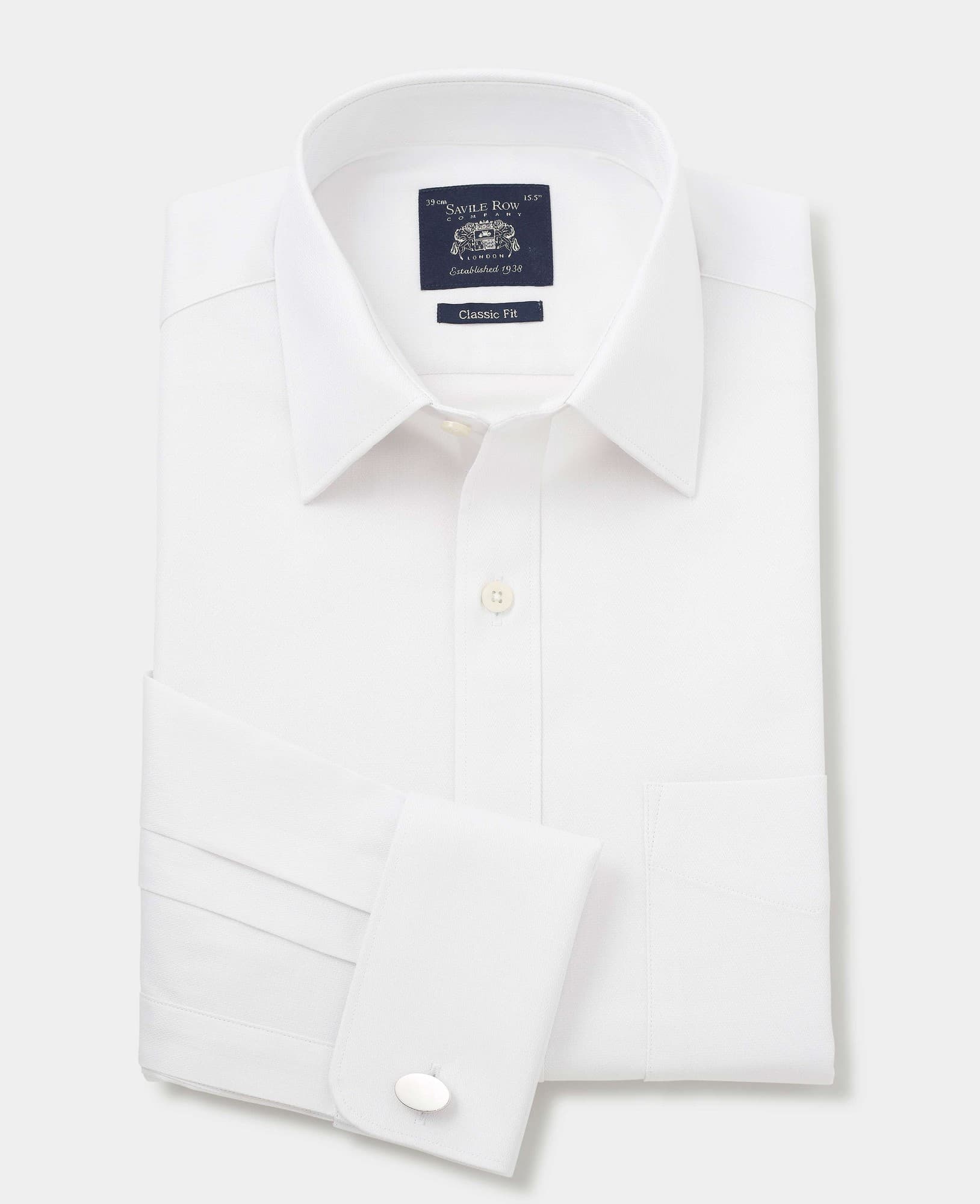 Classic fit white cotton herringbone formal shirt featuring double cuffs, a pointed collar, and a navy label with the Savile Row Company logo.