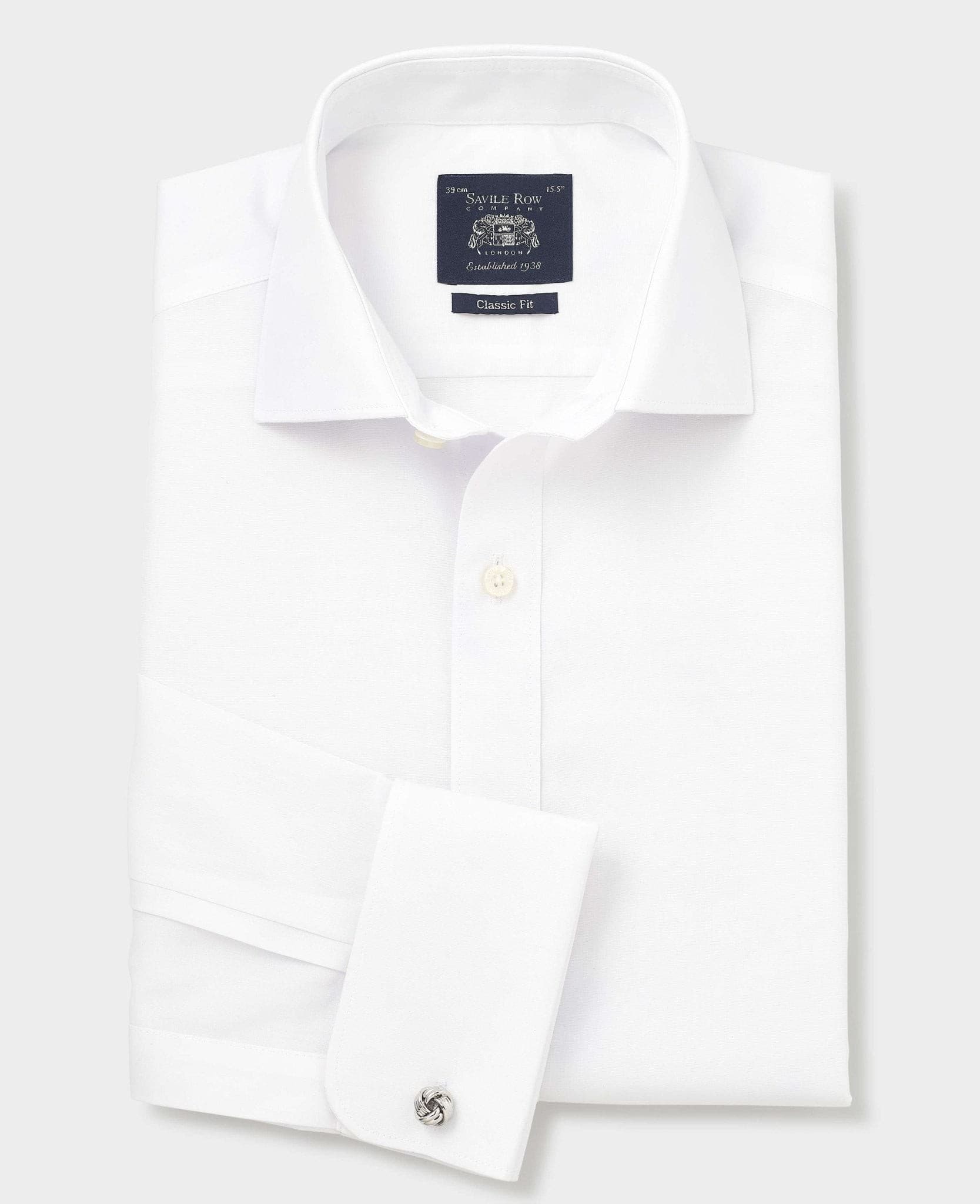 White cotton poplin shirt with classic fit, featuring a single cuff, size 18, extra long 38.5", and Savile Row Company branding on the collar.