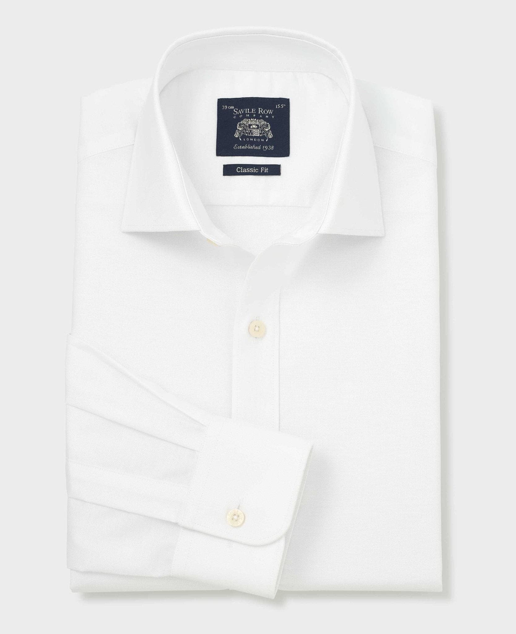 White pinpoint cotton formal shirt with a classic fit, single cuff, size 16, extra long (36.5"), featuring a Savile Row Company label on the collar.
