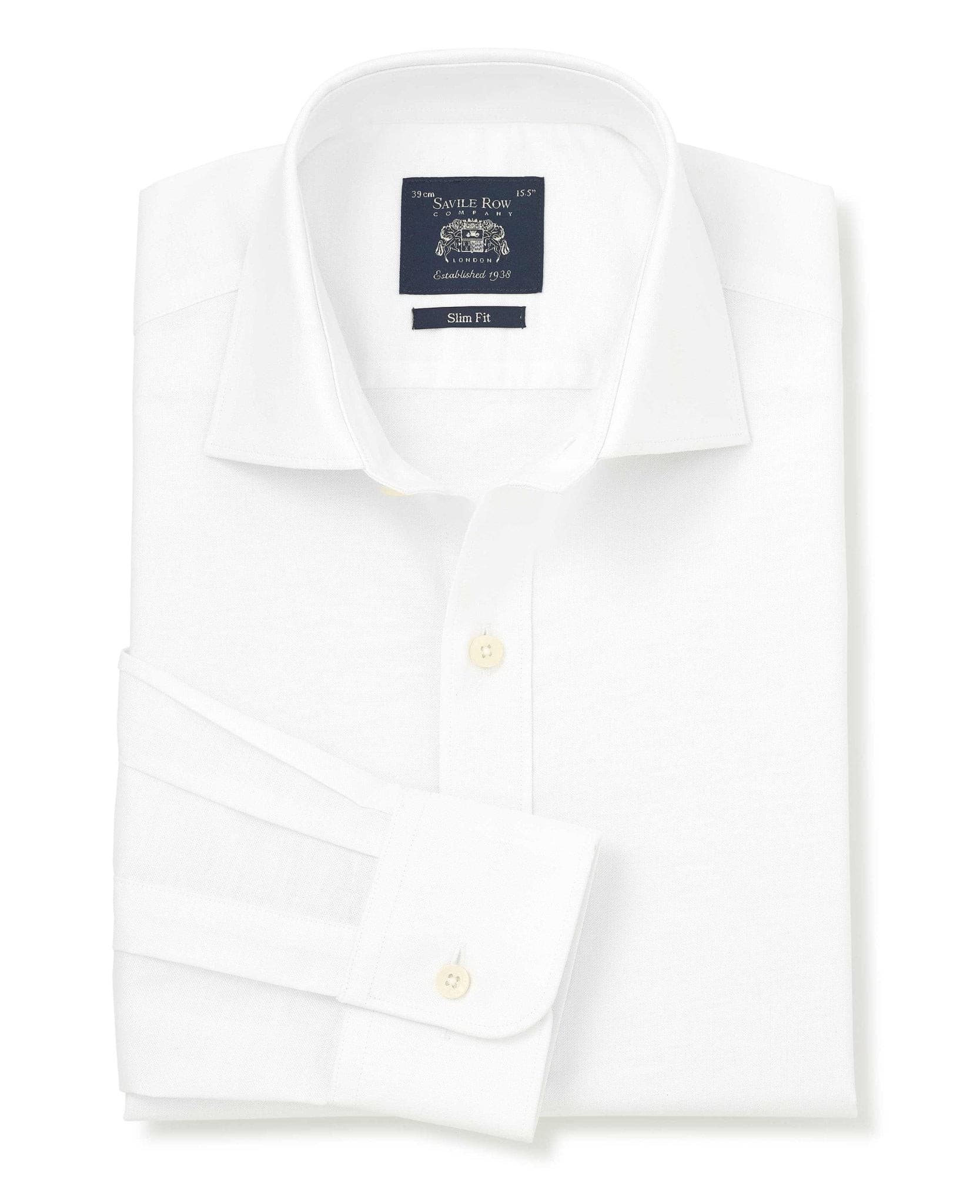 Men's white pinpoint cotton slim fit formal shirt with single cuff, size 15.5, extra long 36", featuring a classic collar and button details, by Savile Row Company.