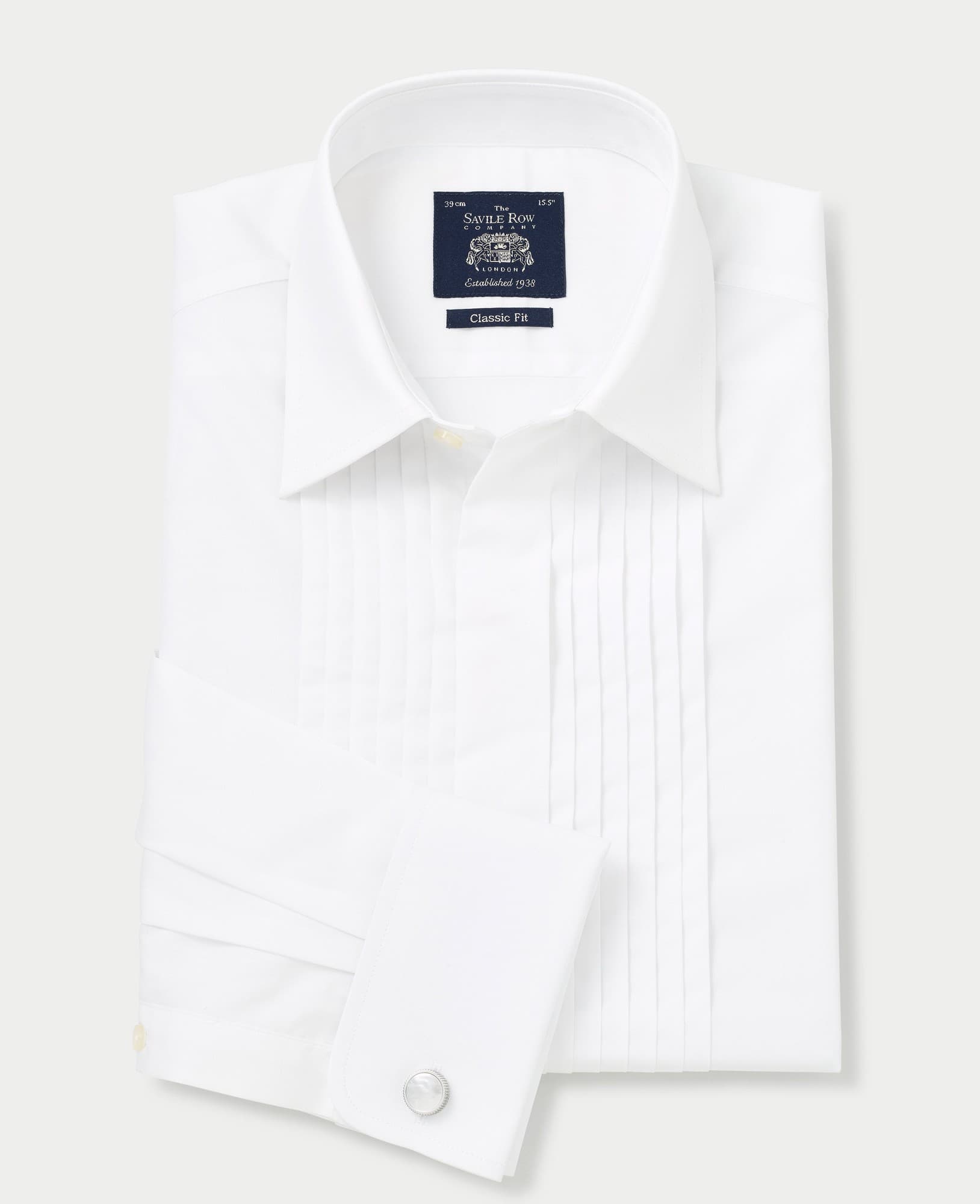 White formal shirt featuring a classic fit, pleated front, double cuffs, and a Savile Row Company label, crafted from a smooth fabric.