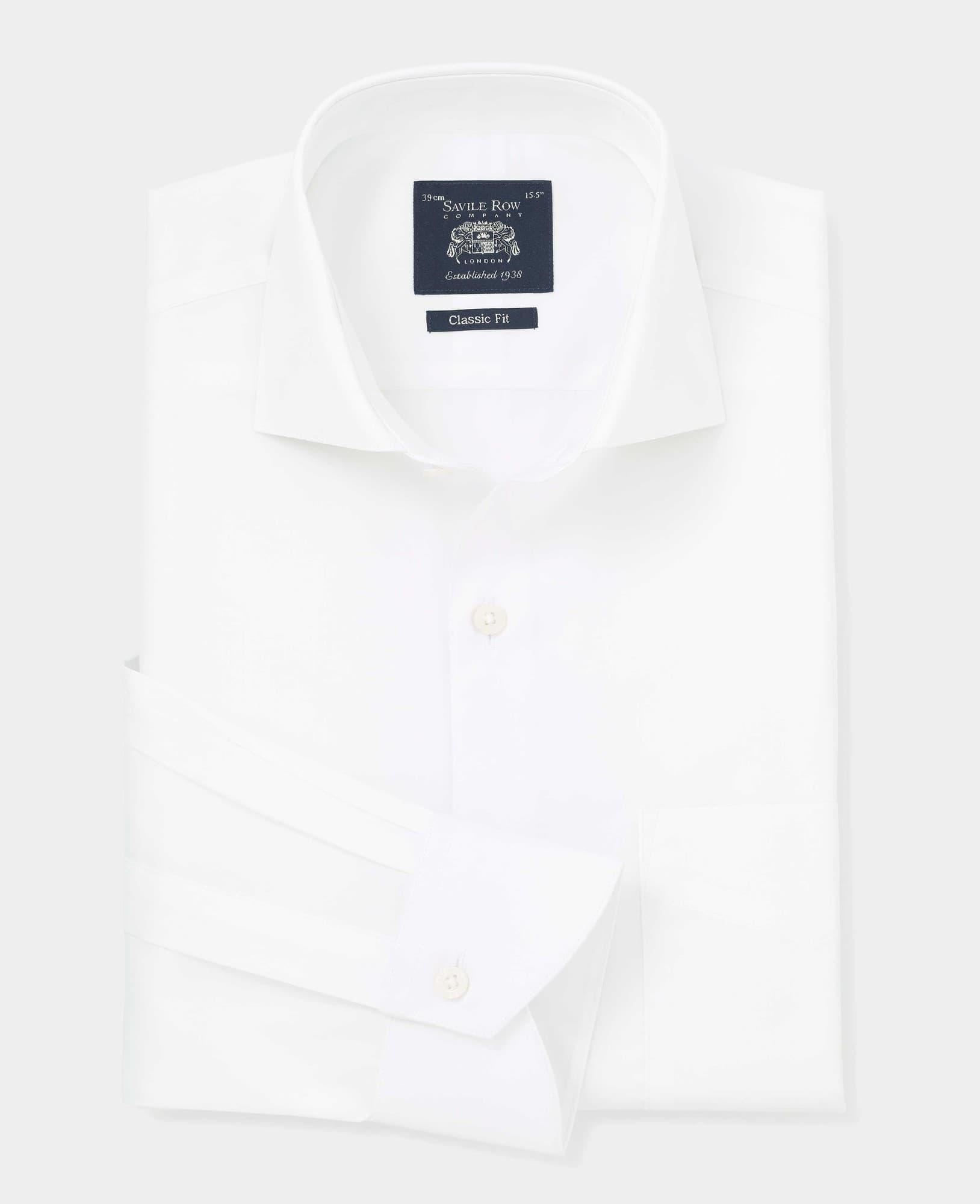 Men's white poplin formal shirt with a classic fit, single cuff, size 15" X 34", featuring a pointed collar and Savile Row Company branding on the label.