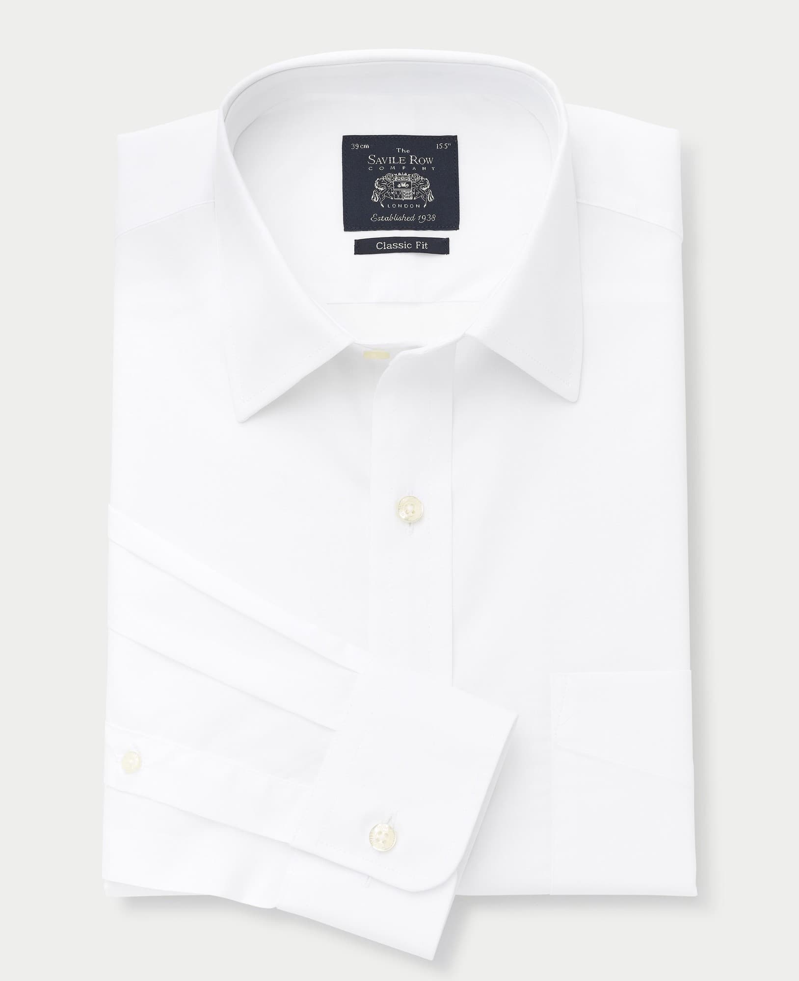 White poplin formal shirt featuring a classic fit, single or double cuff options, size 19" with extra long 39.5" sleeves, branded label from Savile Row Company.