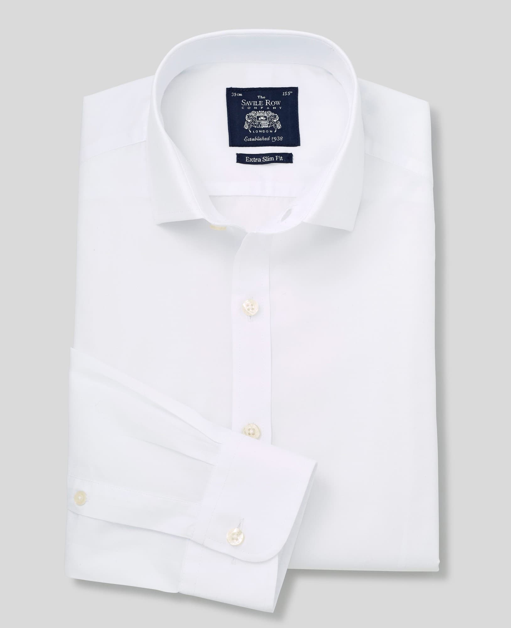 Men's white poplin extra slim fit shirt with single cuff, size 15.5, extra long 36", featuring a classic collar and button closure, labeled with Savile Row Company branding.