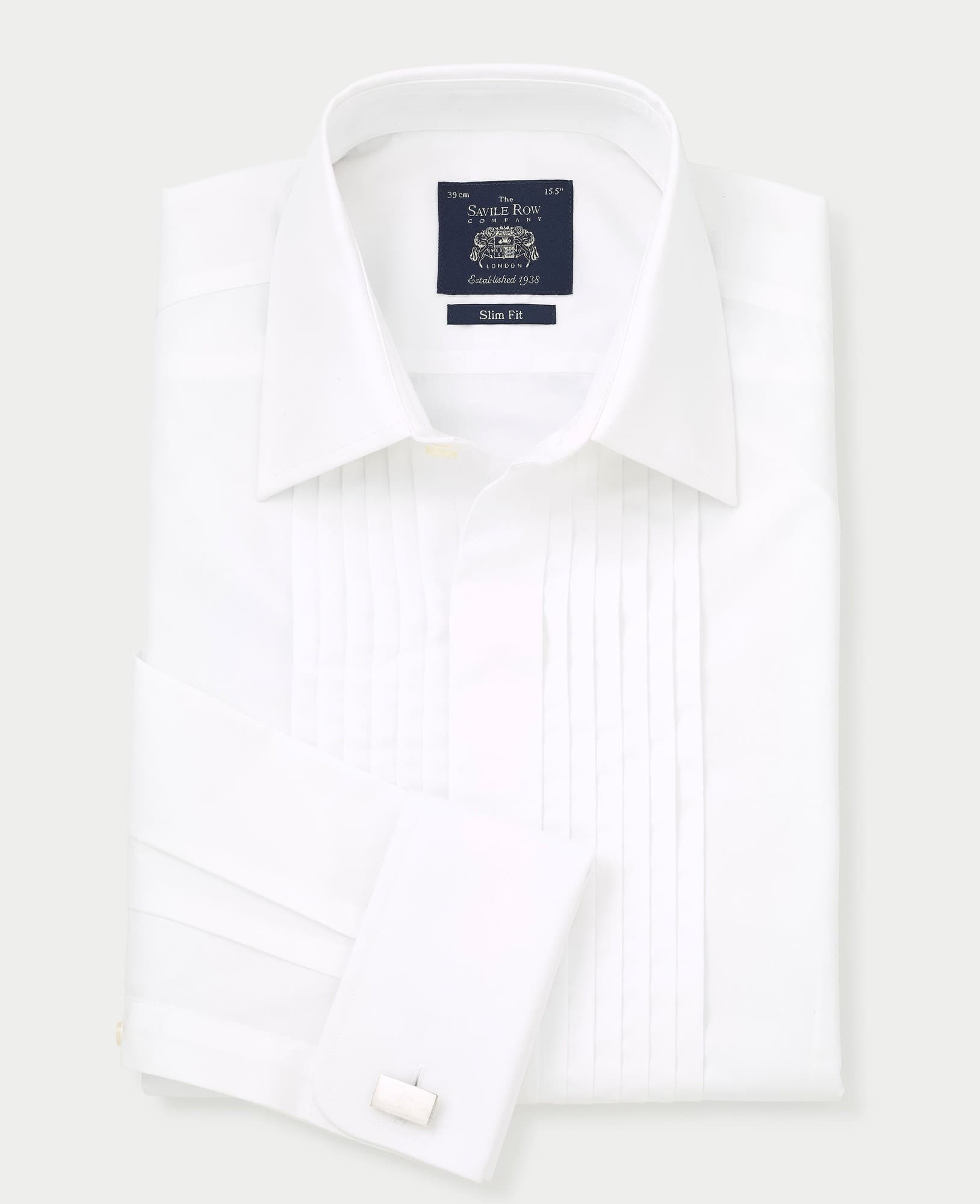 Men's white poplin pleated slim fit evening formal shirt with double cuffs, featuring a classic collar and Savile Row Company label, size 16.5 and extra long 37".