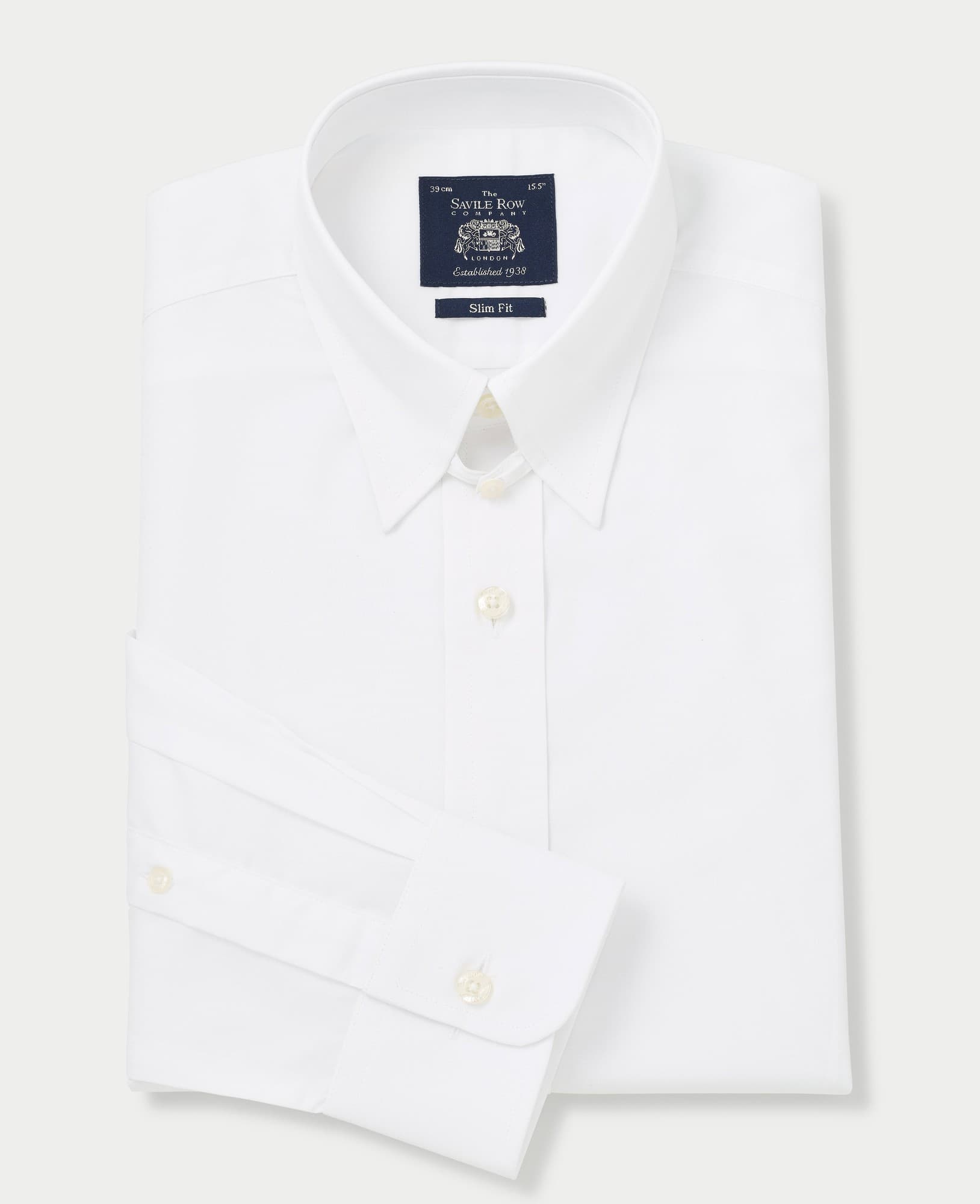 Men's white poplin formal shirt with a tab collar, slim fit, single cuff, size 16.5, extra long 37", featuring a classic design and Savile Row Company label.