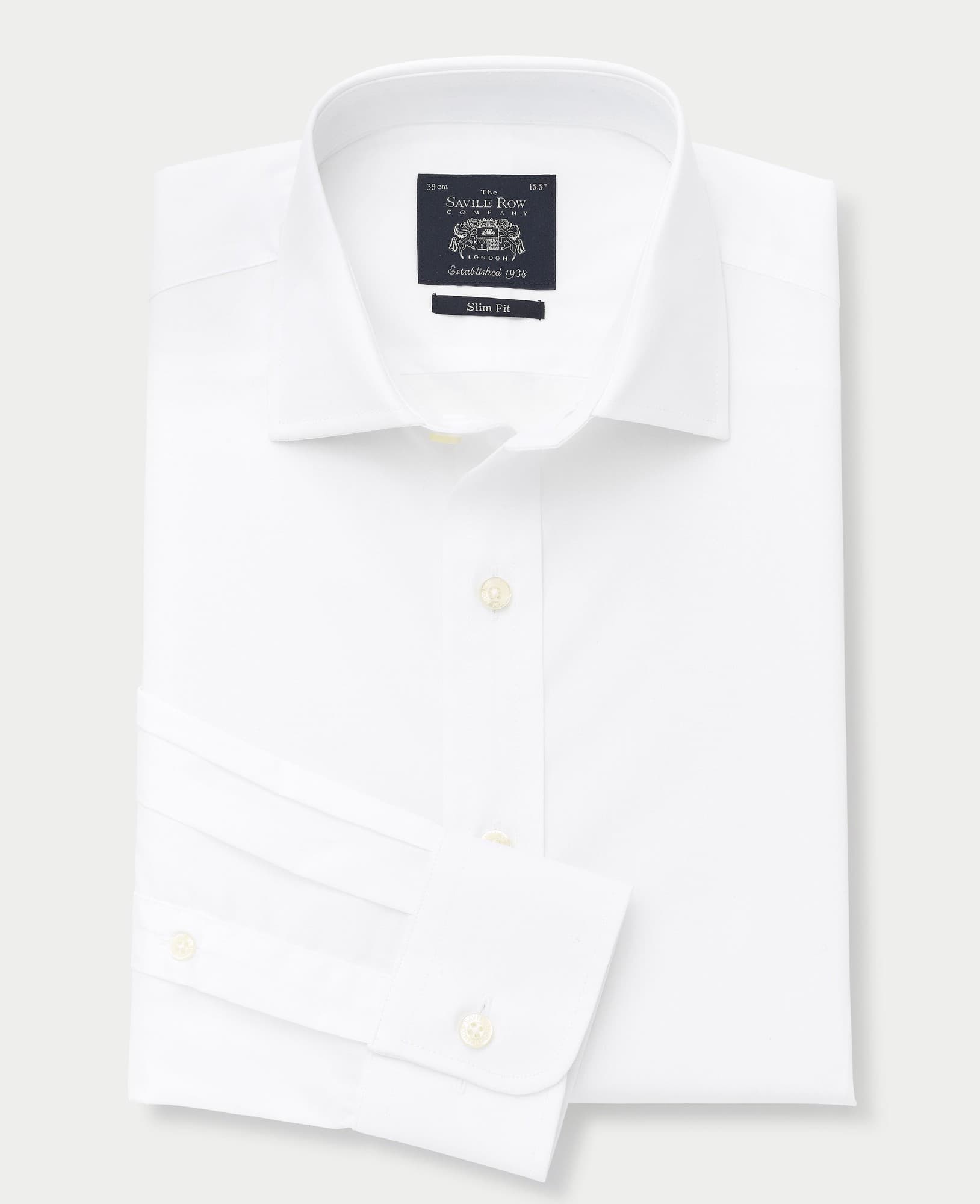 Men's white slim fit formal shirt made of cotton poplin, featuring a crisp collar, single or double cuff options, and a Savile Row Company label. Size 15.5, extra long 36".