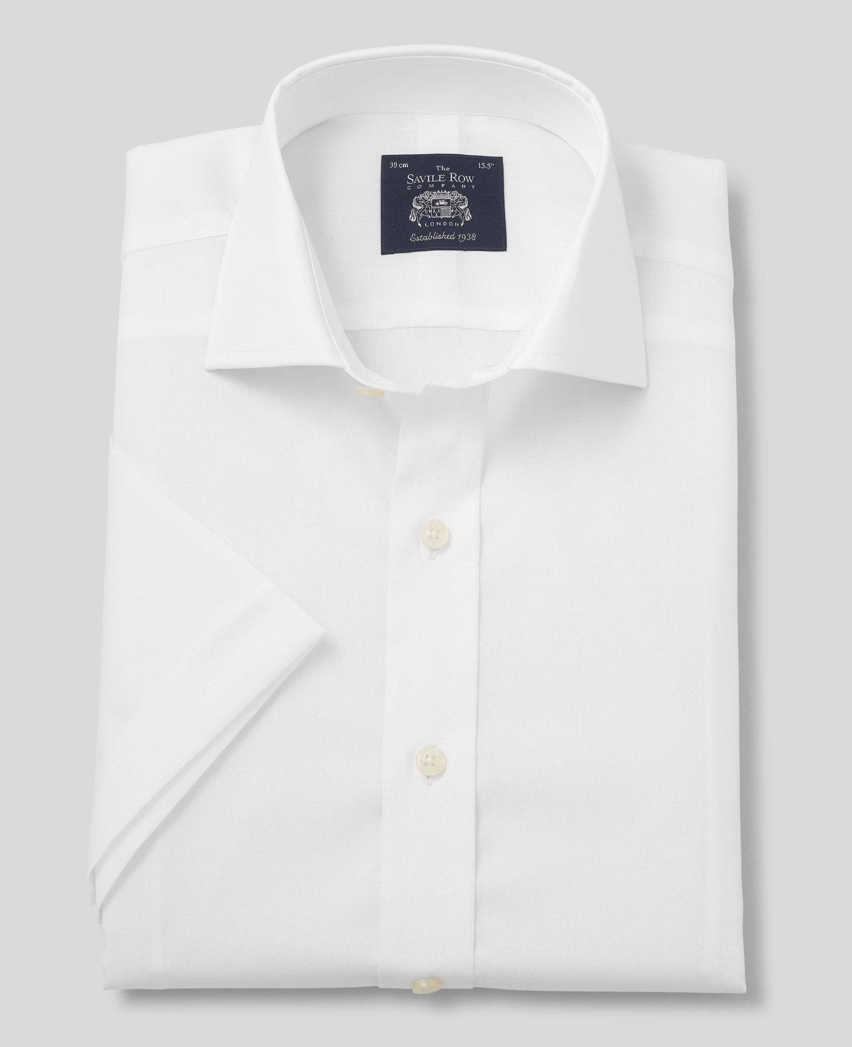 Men's white slim fit short sleeve shirt, size 14.5, featuring a classic collar, button front, and a smooth, crisp fabric, with Savile Row Company branding on the inner collar.