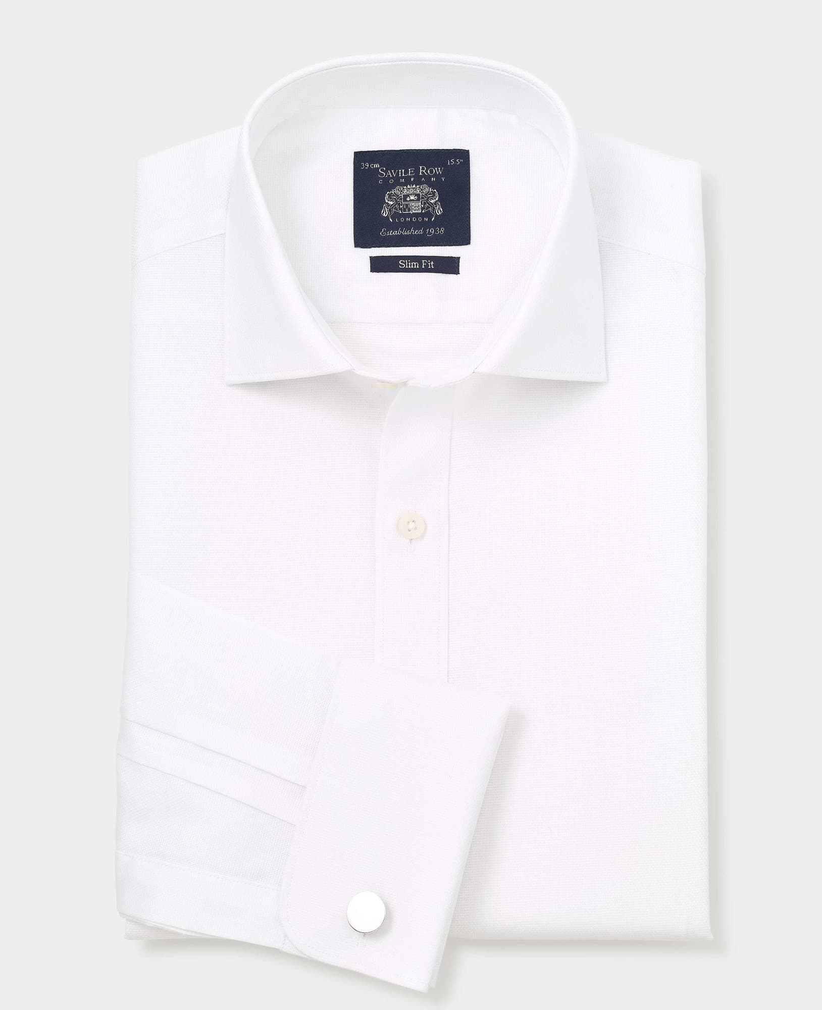 Men's white textured cotton slim fit formal shirt featuring double cuffs, size 15.5, extra long 36", with a Savile Row Company label.