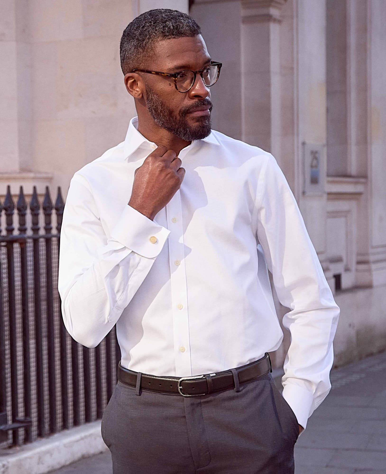 Men's White Textured Cotton Slim Fit Formal Shirt - Double Cuff - Size: 17.5" x Extra Long - 38" - Savile Row Company - image 4