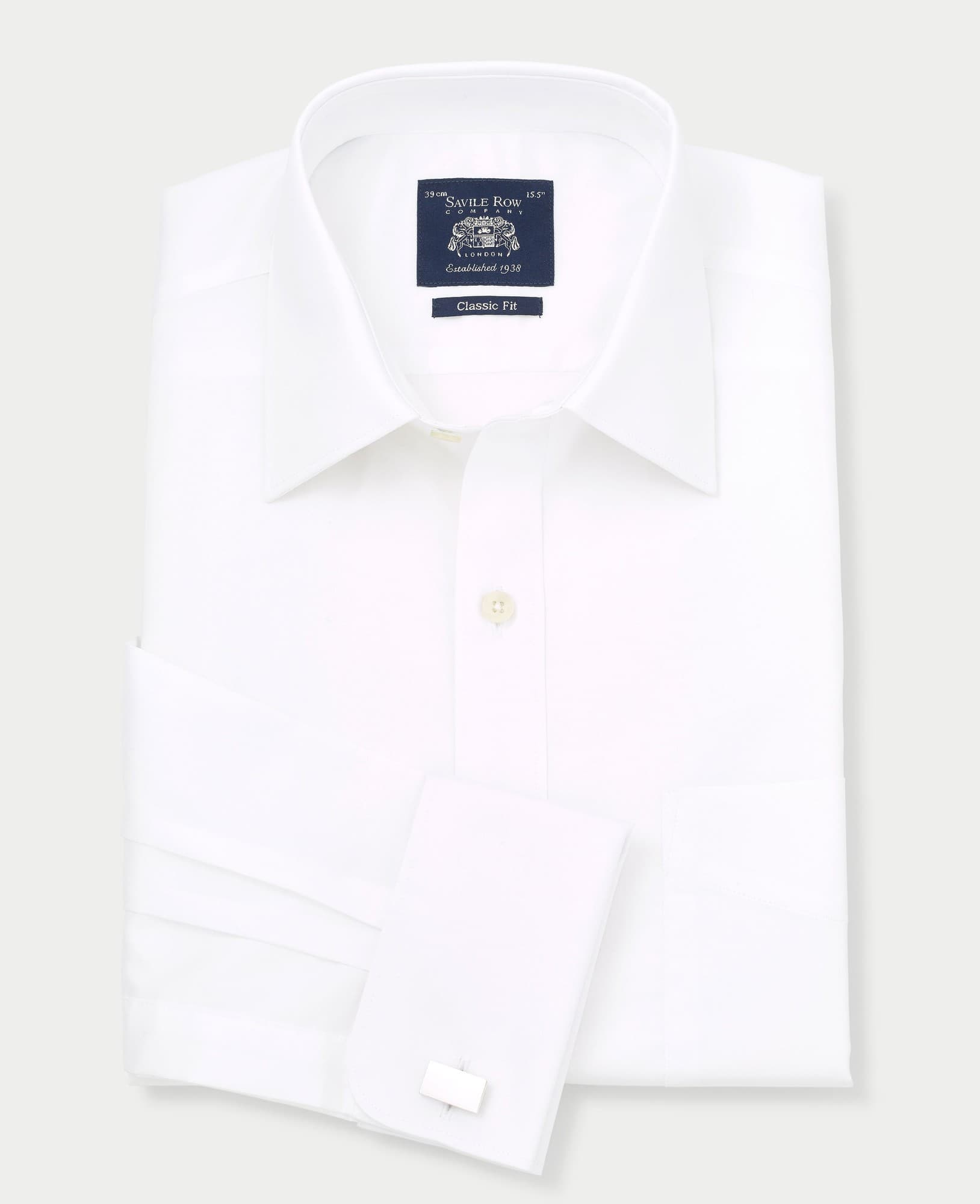 Classic fit white cotton twill formal shirt with single cuffs, featuring a pointed collar and a navy label from Savile Row Company.