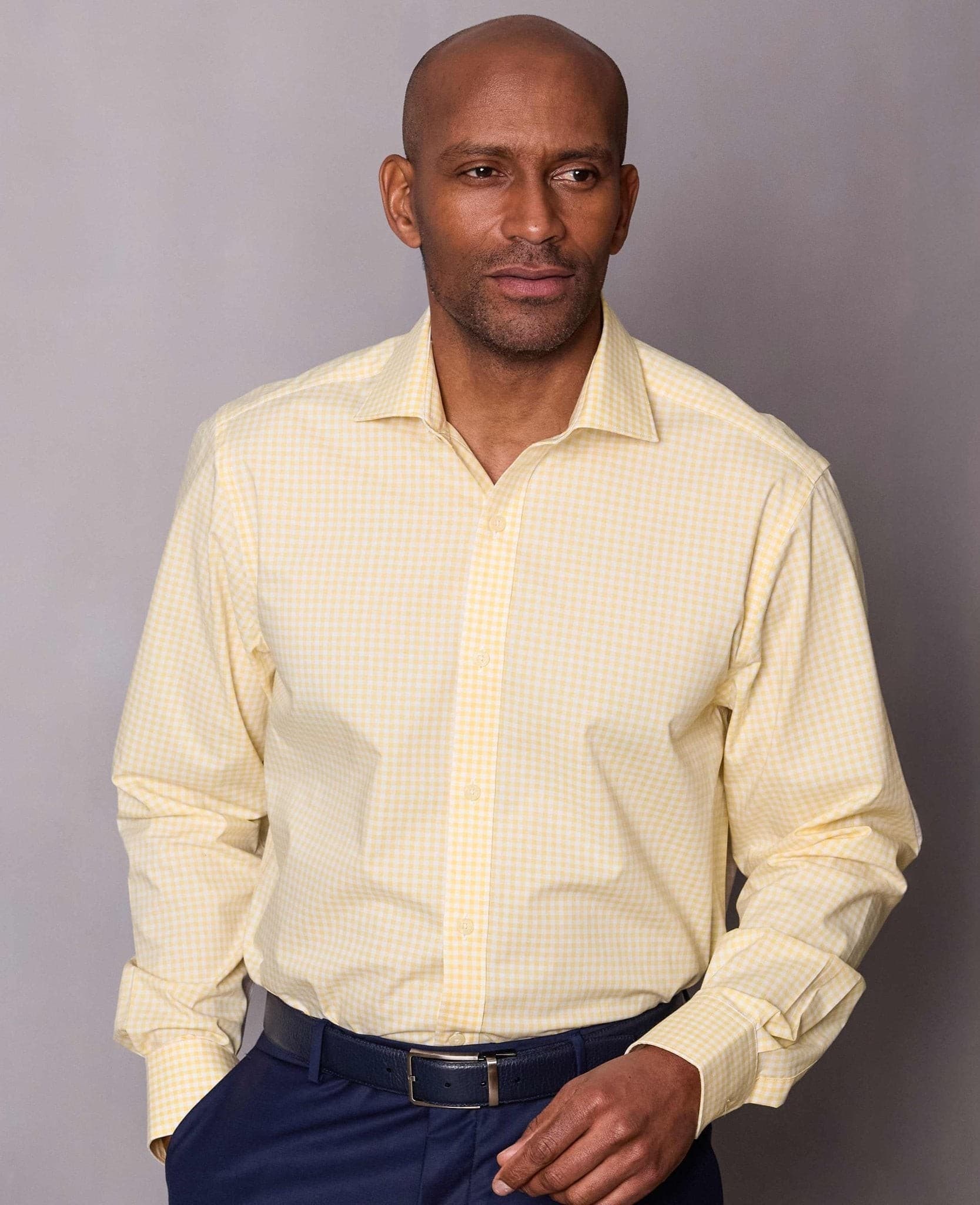 Men's Yellow Cotton Poplin Gingham Check Classic Fit Formal Shirt - Single Cuff - Size: 15" x Standard - 34" - Savile Row Company - image 2