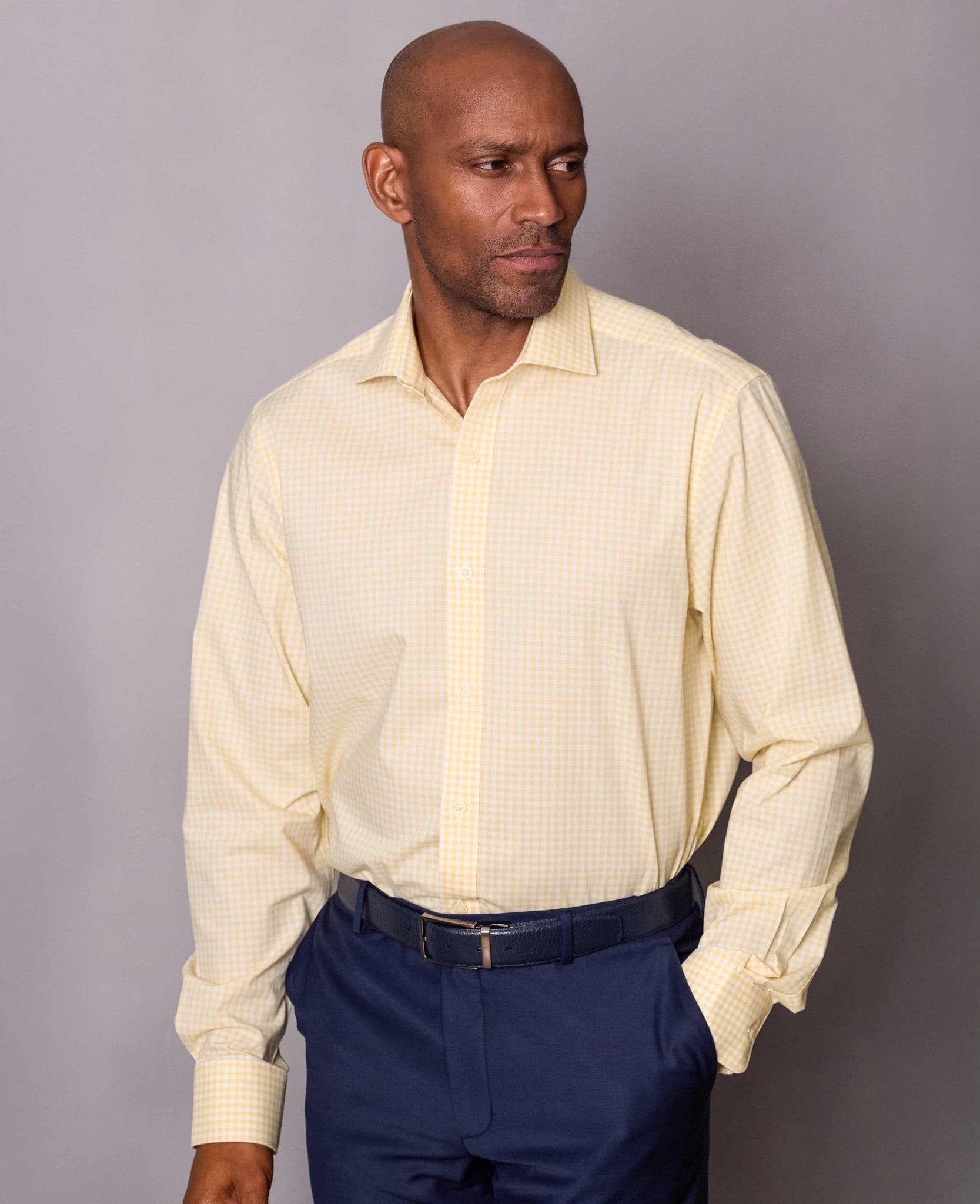 Men's Yellow Cotton Poplin Gingham Check Classic Fit Formal Shirt - Single Cuff - Size: 15" x Standard - 34" - Savile Row Company - image 4