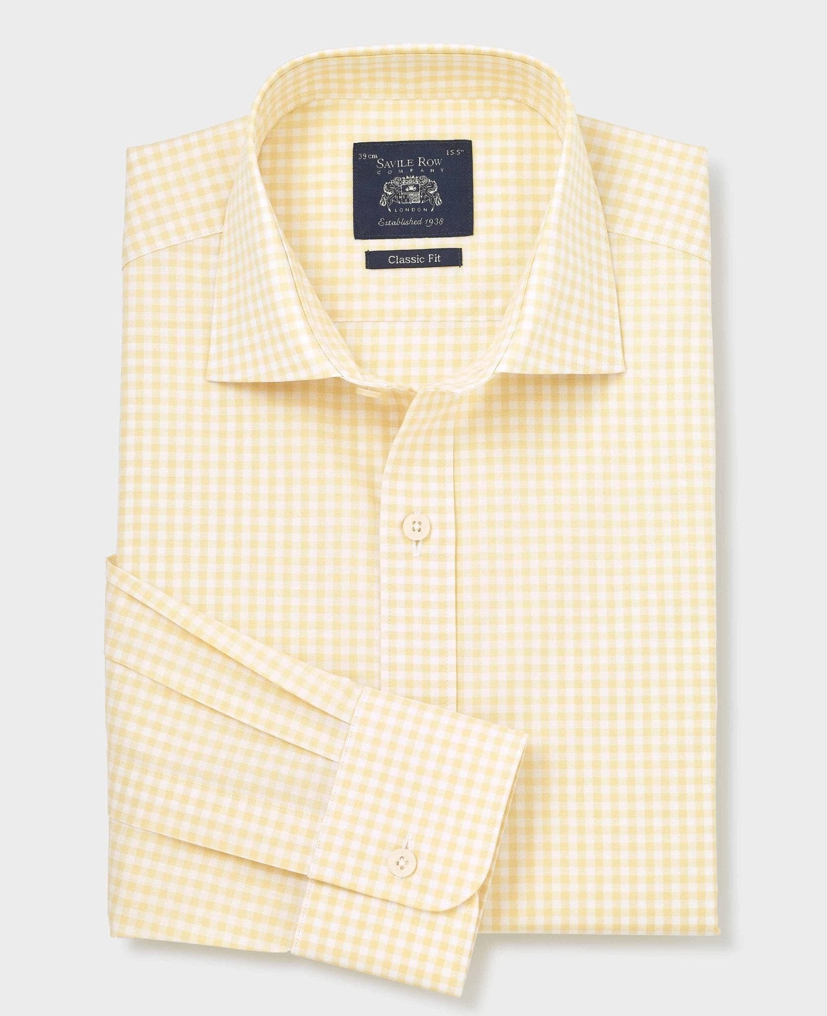 Men's yellow cotton poplin gingham check formal shirt with a classic fit, single cuff, size 15" x standard 34", featuring a crisp collar and Savile Row Company label.