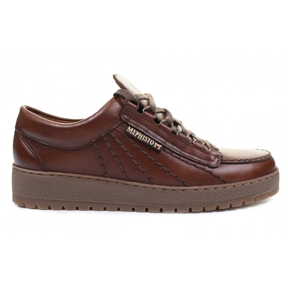 Chestnut leather sneaker with a textured brown sole, featuring a lace-up design, contrasting stitching, and a branded Mephisto logo on the side.