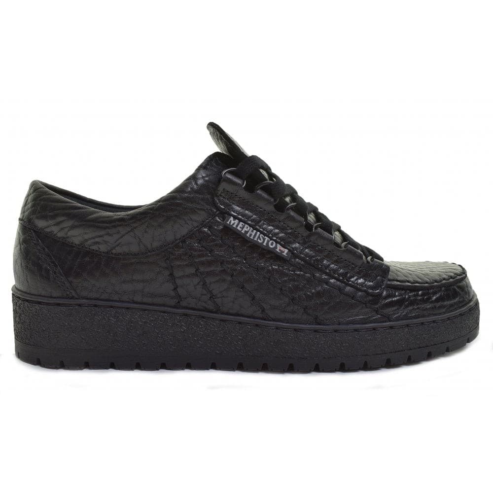 Black leather sneakers featuring a textured finish, lace-up design, and a thick black sole, branded with "Mephisto" on the side.