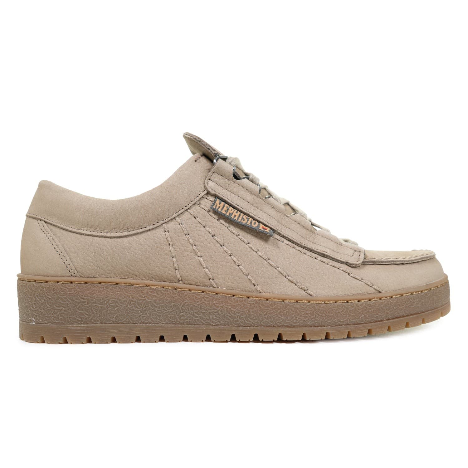 Beige leather sport shoes with a textured sole, featuring a lace-up design and a subtle logo tag on the side, ideal for casual wear.