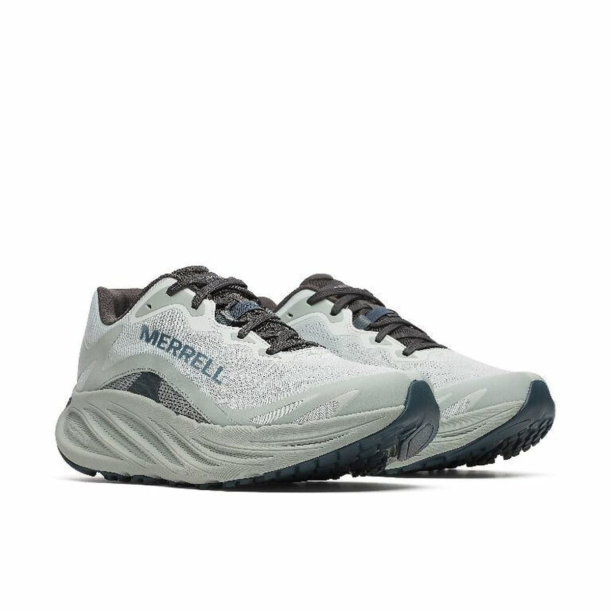 Light blue and gray Merrell Promorph trail running shoes with a breathable mesh upper, cushioned sole, and black laces, designed for comfort and performance.