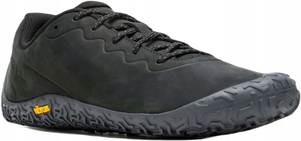 Black leather trainers with a textured rubber sole, featuring a low-profile design, lace-up front, and Merrell branding on the side.