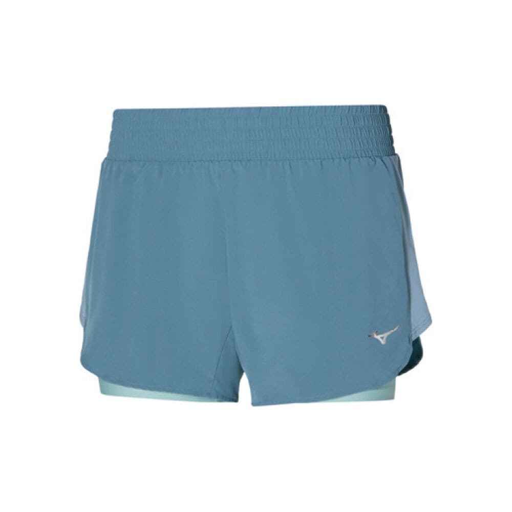 Light blue Mizuno 2-in-1 women's shorts featuring a soft, stretchy waistband, inner lining, and a small logo on the lower left side, designed for comfort and mobility.