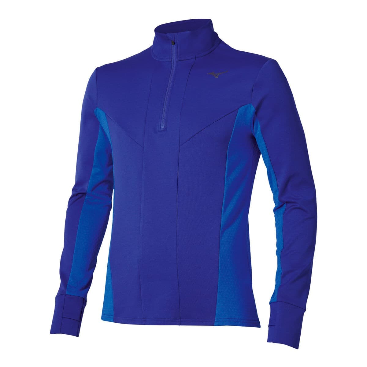 Sodalite blue long sleeve men's top with a 1/2 zip, featuring contrasting blue side panels and a high collar, made from warmalite material for active wear.