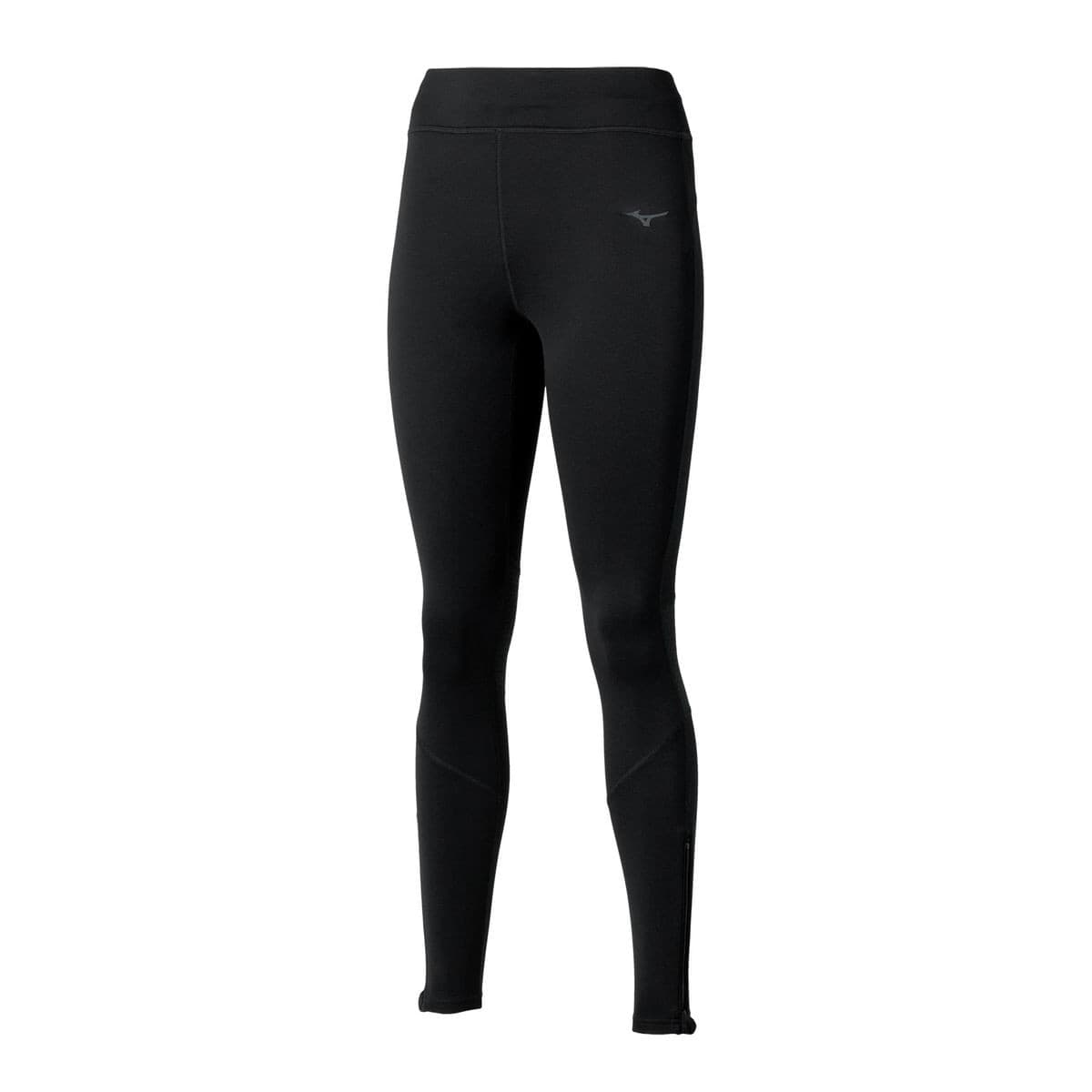 Mizuno women's long tights in black, featuring a sleek design, warmalite material for insulation, and a comfortable waistband, ideal for active wear.