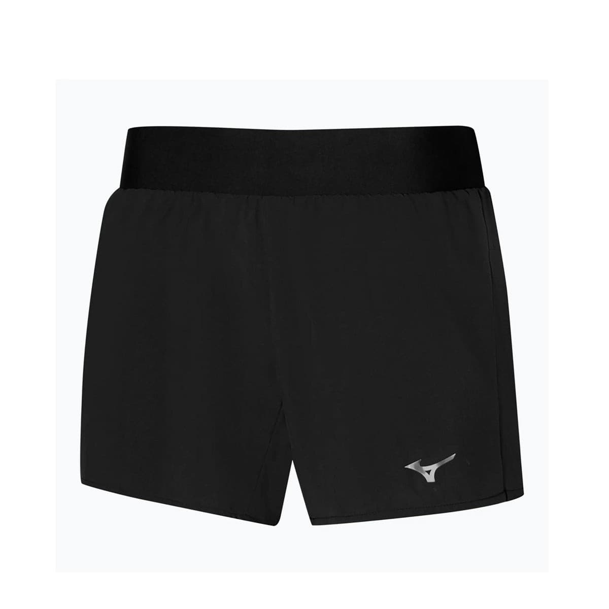 Black Mizuno Alpha 4.5" women's shorts in size XS, featuring a lightweight fabric, elastic waistband, and a reflective Mizuno logo on the lower left side.