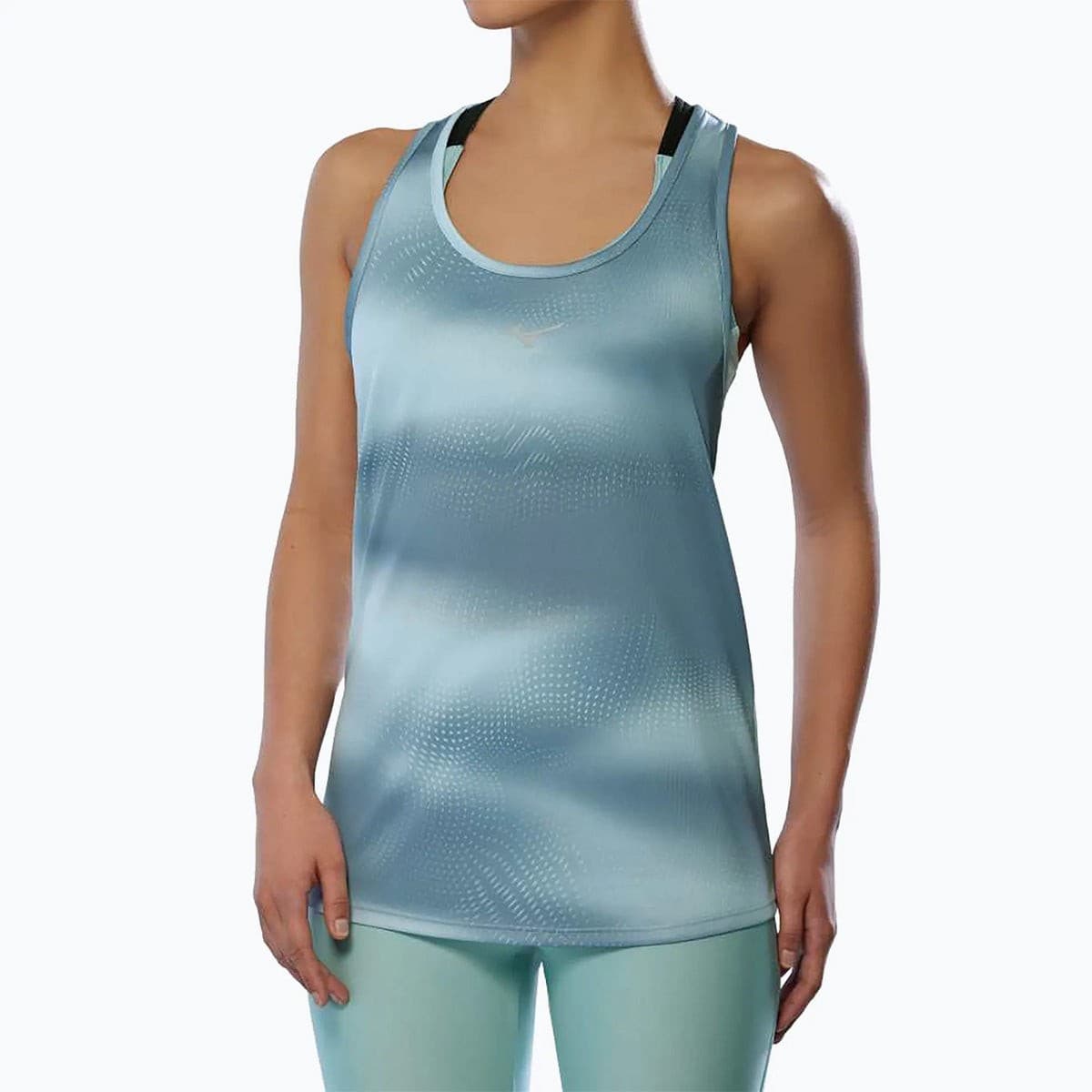 Light blue women's tank top by Mizuno, featuring a smooth, breathable fabric with a subtle graphic pattern and a racerback design for enhanced mobility.