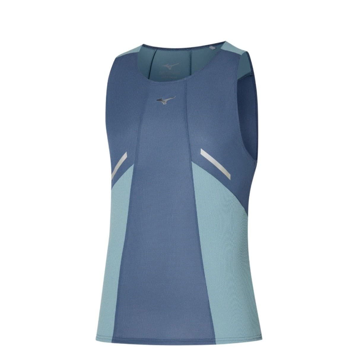 Mizuno Dryaeroflow tank in vintage indigo features a sleeveless design with a blend of dark and light blue panels, crafted from breathable material, size XL.