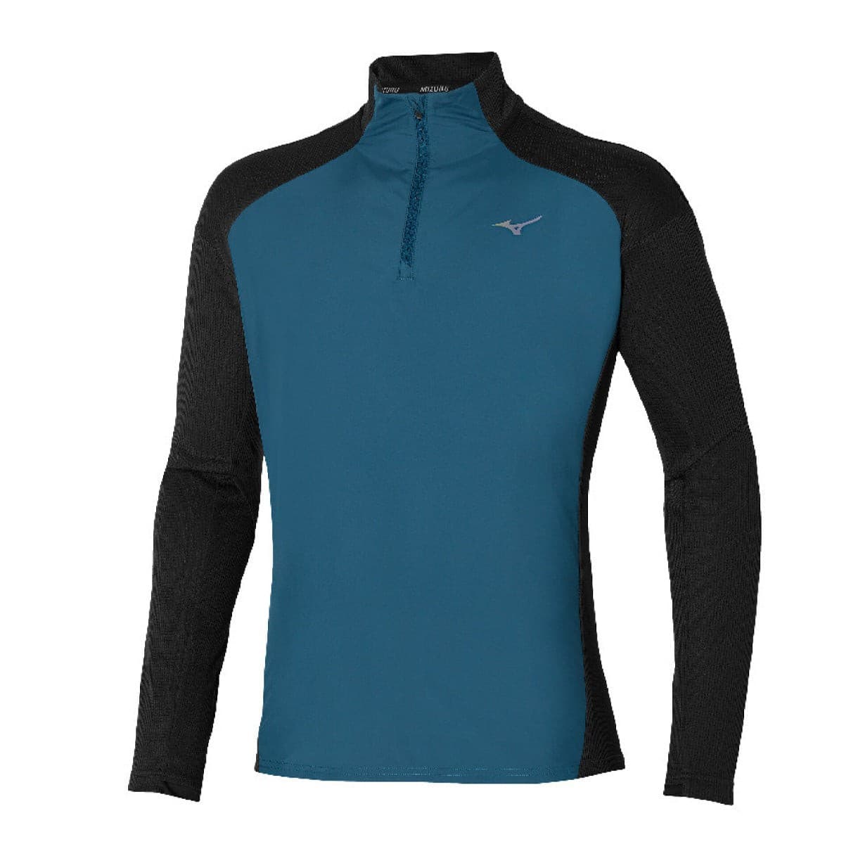 Mizuno men's hybrid long-sleeve tee in black and blue wing teal, featuring a quarter zip, long sleeves, and a lightweight, breathable material.
