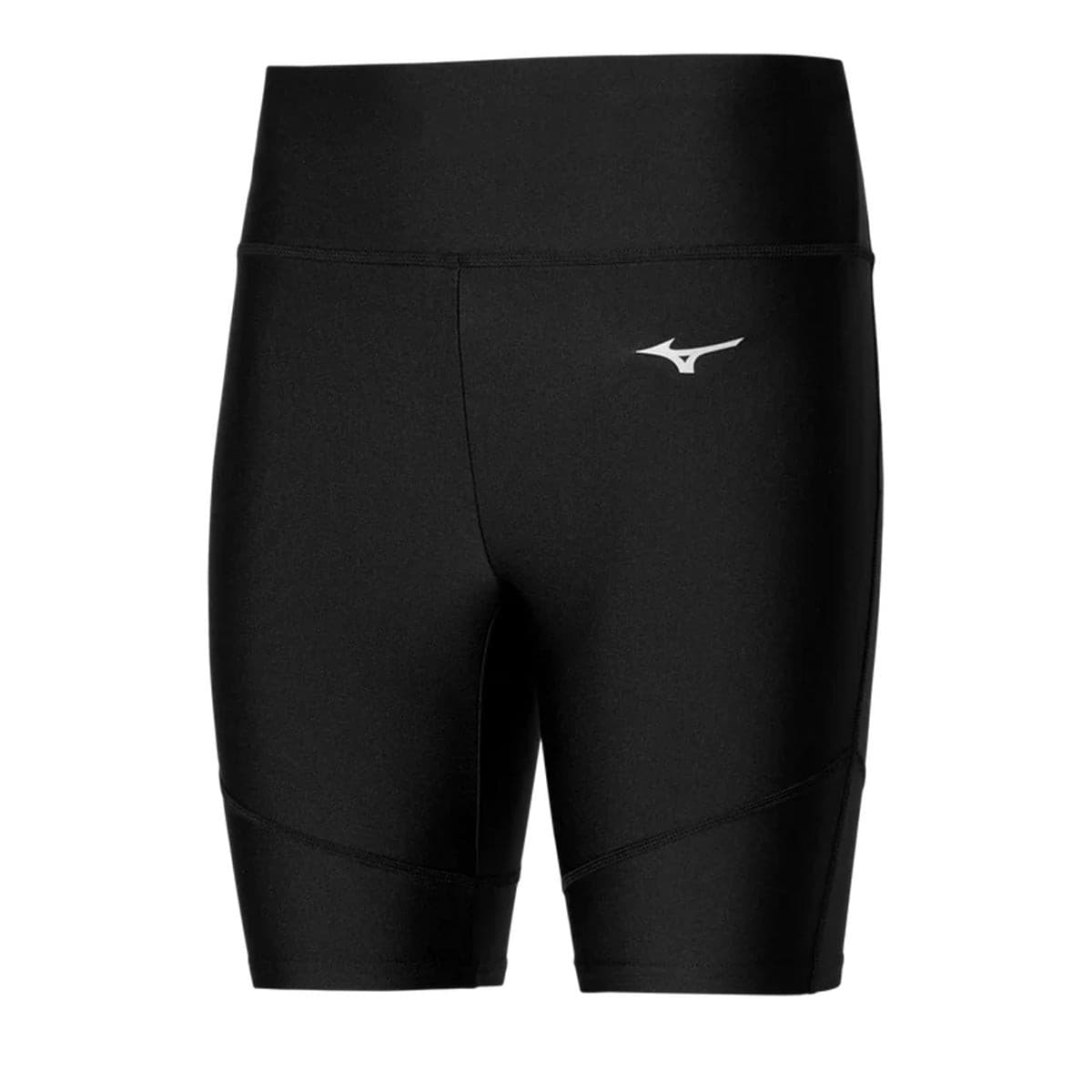 Black mid-length tights with a smooth, stretchy fabric, featuring a sleek design and Mizuno logo on the front, ideal for active wear.