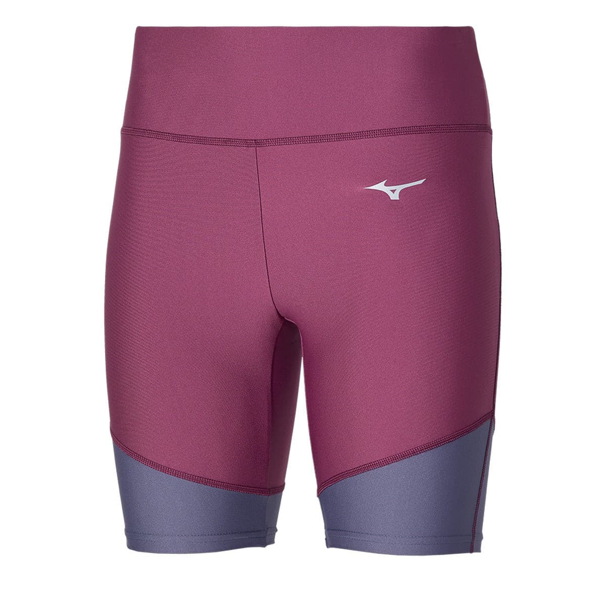 Violet quartz mid-length tights for women by Mizuno, featuring a sleek design with contrasting gray panels and a comfortable, stretchy material.