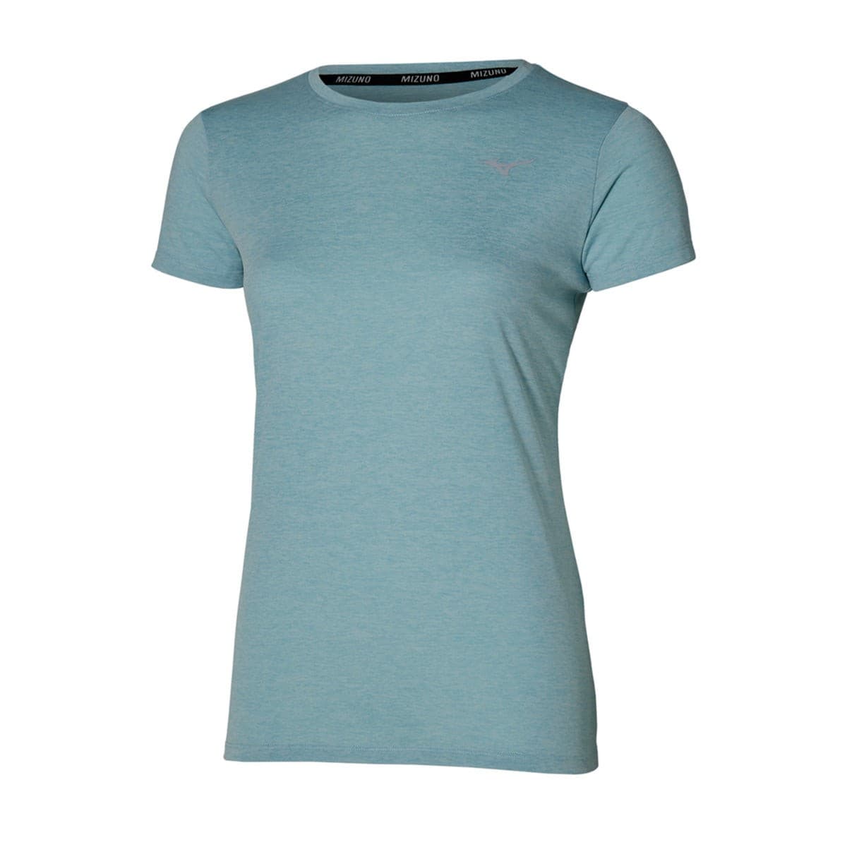 Light blue Mizuno Impulse Core Tee for women, featuring a round neckline, short sleeves, and a soft, breathable fabric with a subtle logo on the chest.