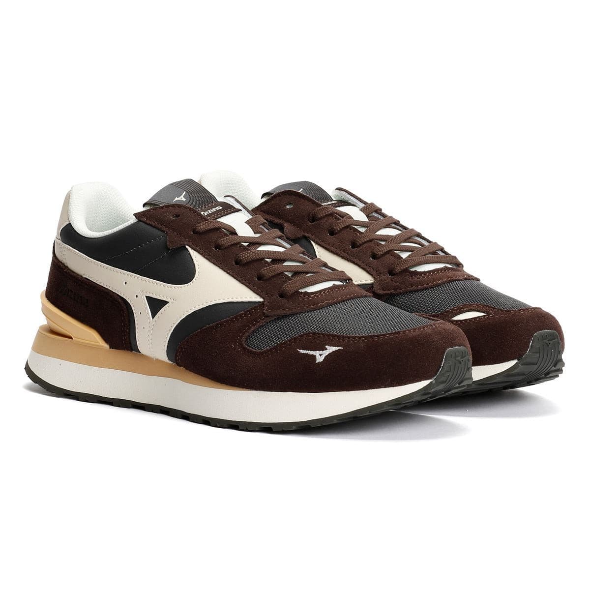 Mizuno RB87 trainers featuring a black suede upper, summer sand accents, and a mole-colored heel, with a textured sole and classic sporty design.
