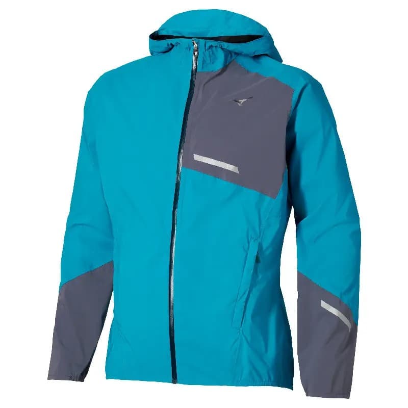 Mizuno men's waterproof jacket in Capri Breeze blue, featuring a gray chest pocket, reflective accents, and a lightweight, breathable material, ideal for trail activities.