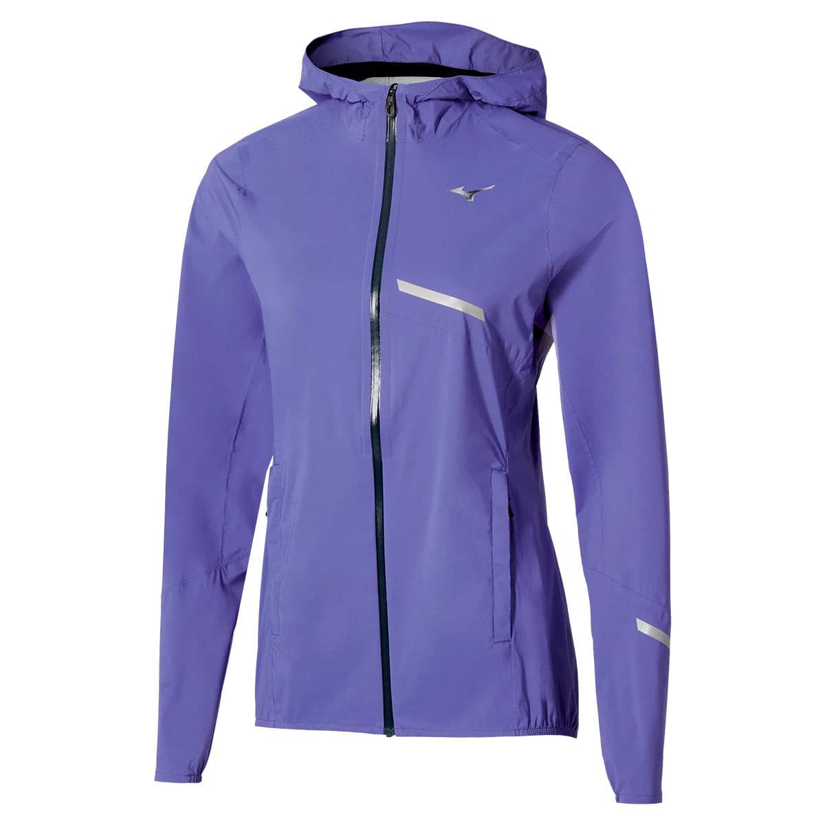 Lightweight women's Mizuno Trail Waterproof jacket in Iris Bloom purple, featuring a zip front, hood, reflective details, and a sleek design for outdoor activities.