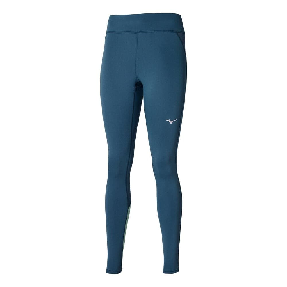 Mizuno women's tights in Blue Wing Teal, featuring a sleek design, high waistband, and stretchy material, ideal for athletic wear, size XS.