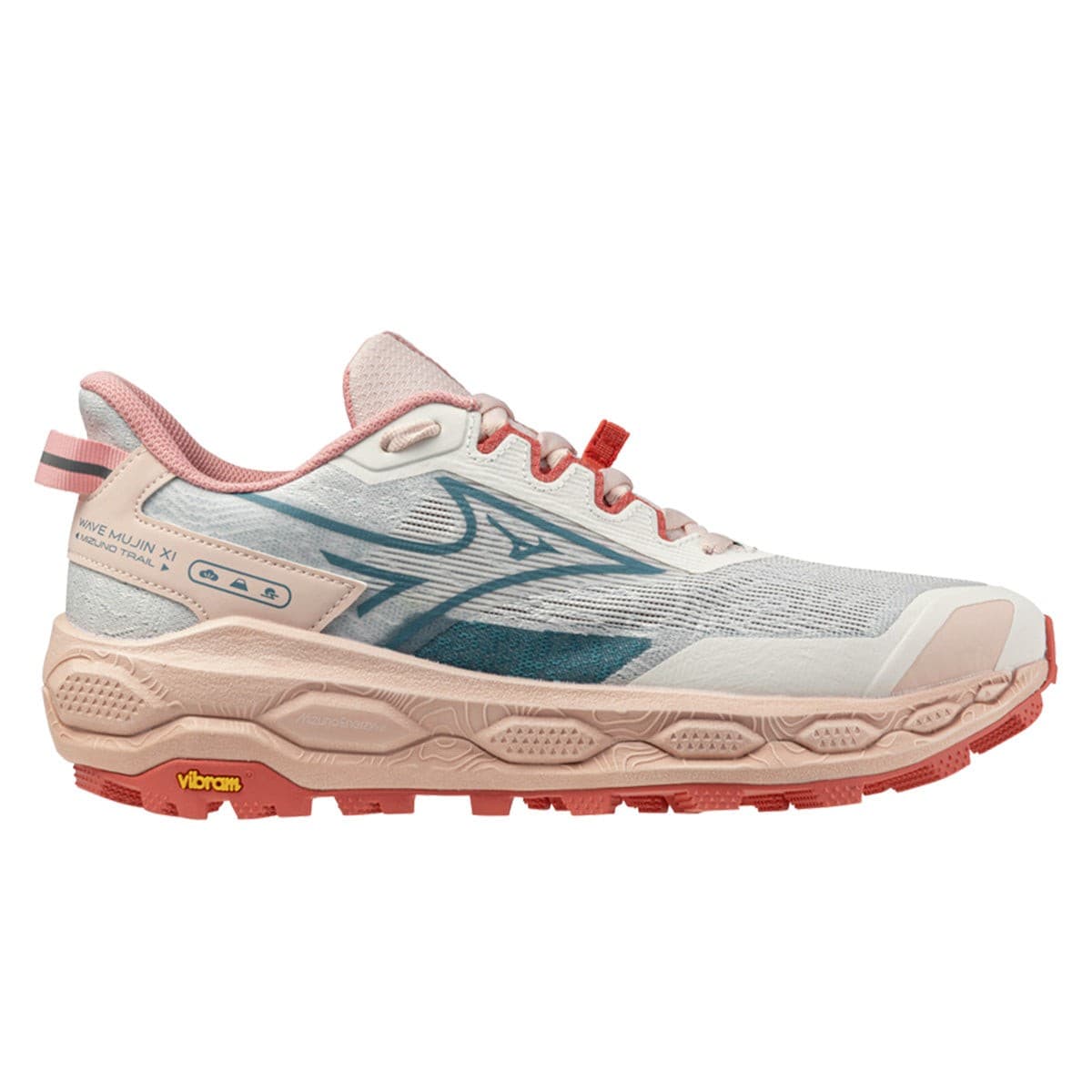 Mizuno Wave Mujin 11 women's trail running shoes in white, pink, and orange, featuring a breathable mesh upper, cushioned sole, and Vibram outsole for traction.