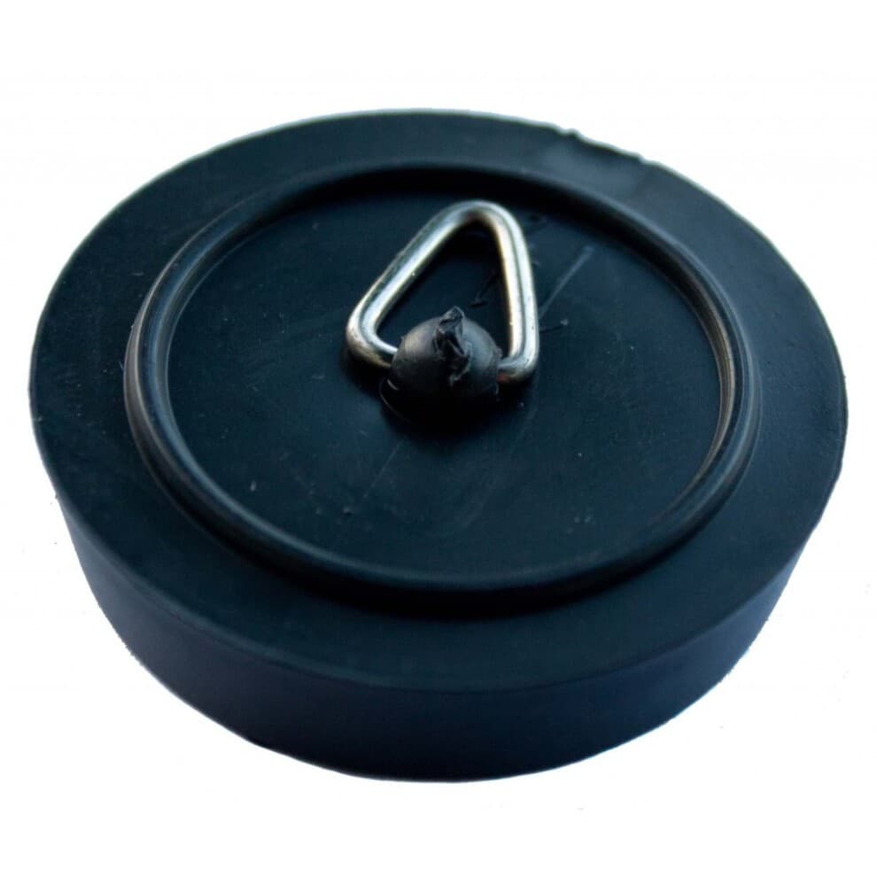 Round black sink bath plug made of polythene, featuring a metal loop for easy removal, with a smooth surface and a diameter of 1 3/4 inches.