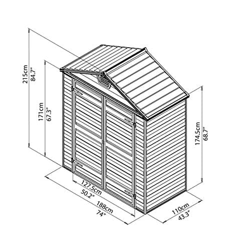 SkyLight Shed by Palram Canopia, featuring an amber and brown color scheme, made of durable material, with double doors and a sloped roof design for rain runoff.