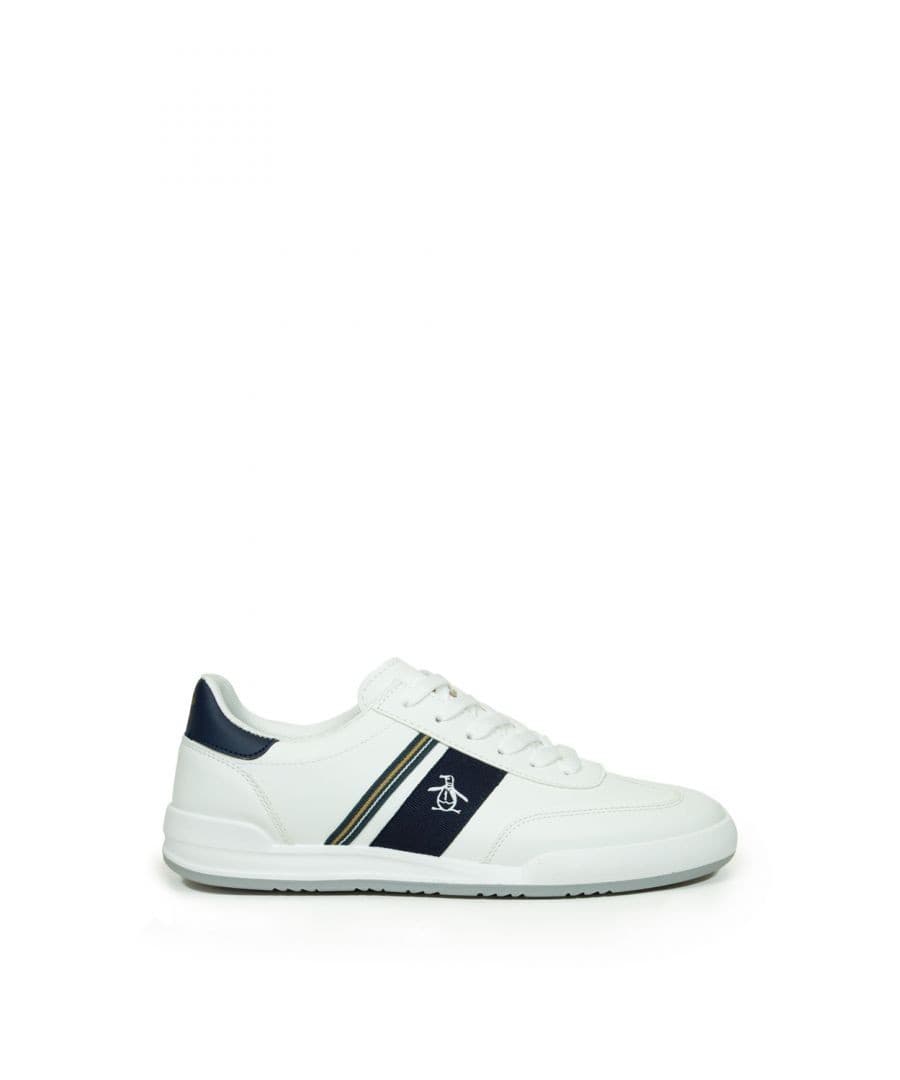 White PU cupsole trainer with navy accents, featuring a striped design and a penguin logo on the side, available in UK size 6.