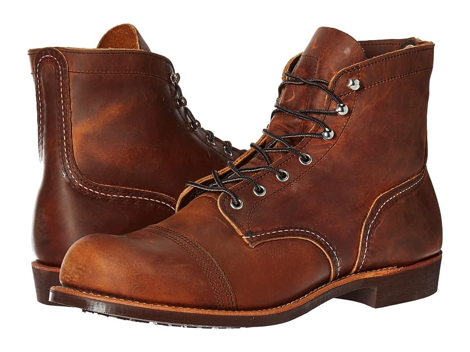 Lace-up men's boots in copper rough tough leather, featuring a rounded toe, sturdy laces, and a rugged sole, designed for durability and style.