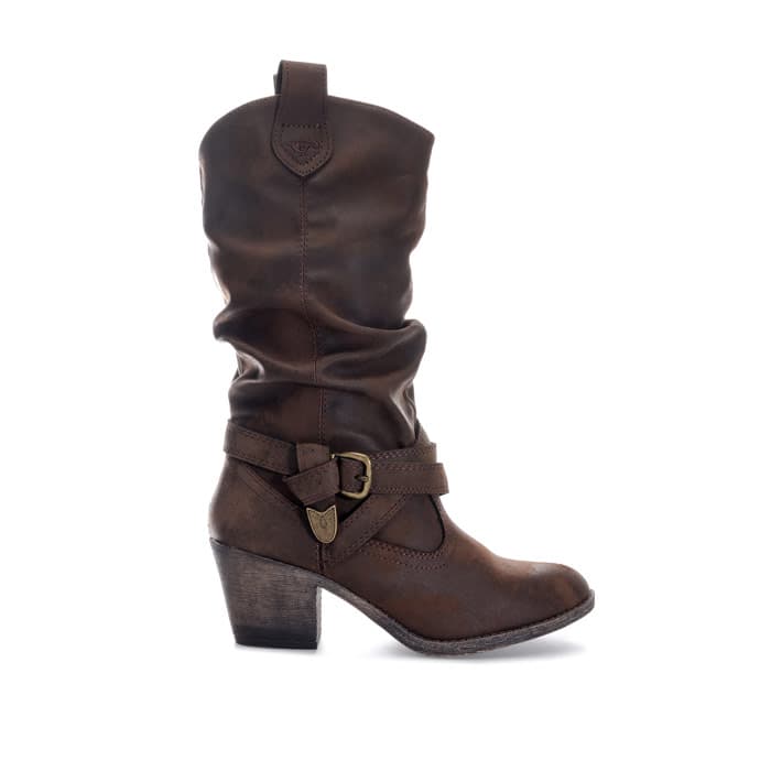 Chocolate brown slouchy knee-high boot with a buckle detail and a stacked heel, made of soft material, size UK 7.