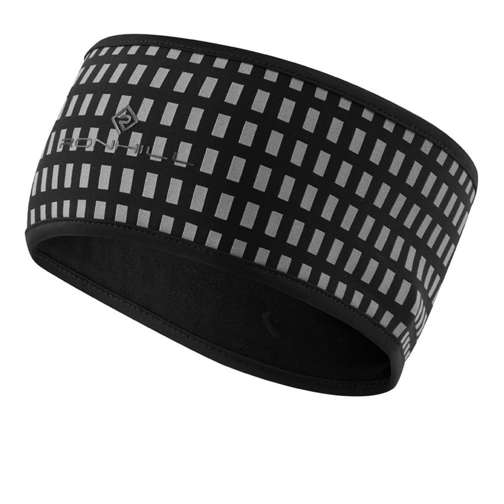 Black Ronhill Afterhours Headband in S/M, featuring a reflective grid pattern, made from stretchy material for comfort and visibility during low-light activities.