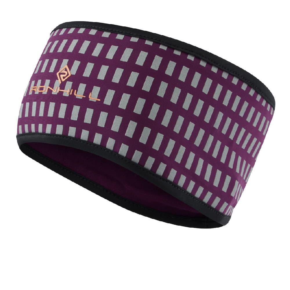 Purple headband with a grid pattern, featuring a soft inner lining and black trim, branded with the Ronhill logo in orange, designed for comfort and warmth.
