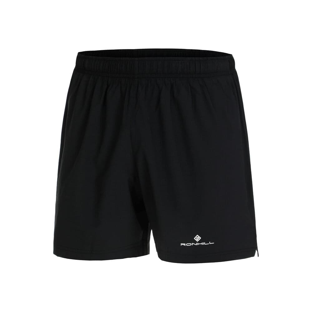 Black Ronhill Core 5 Short Run shorts in XXL, featuring an elastic waistband, lightweight material, and a small white Ronhill logo on the front.