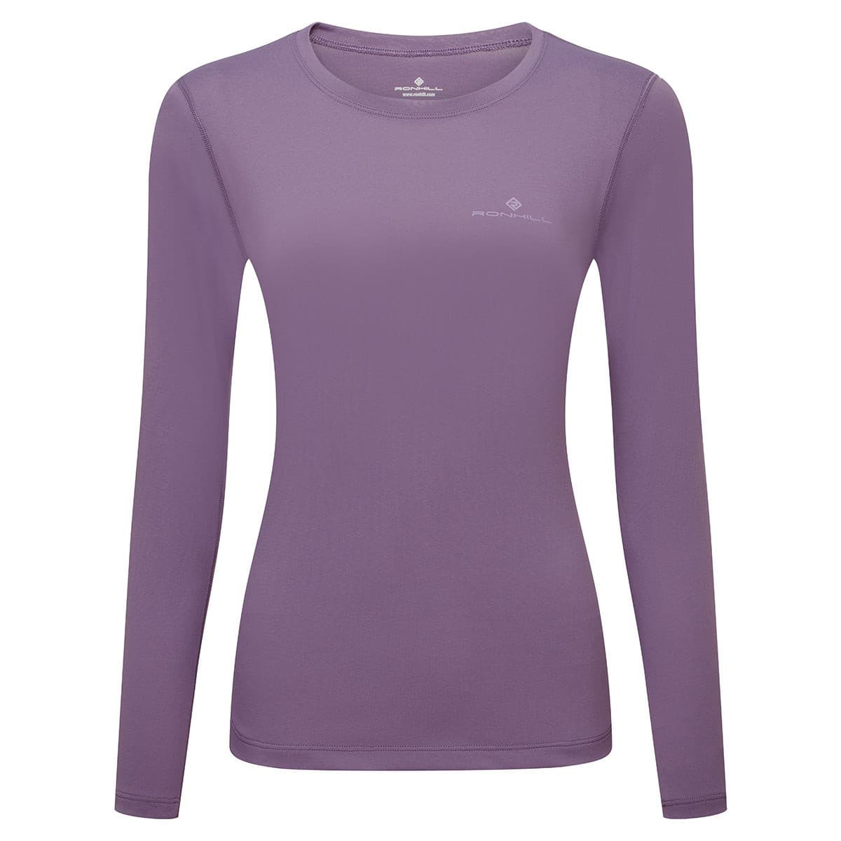 Long-sleeve women's tee in dark iris purple, made from lightweight material, featuring a round neckline and a subtle Ronhill logo on the chest. Size XL.